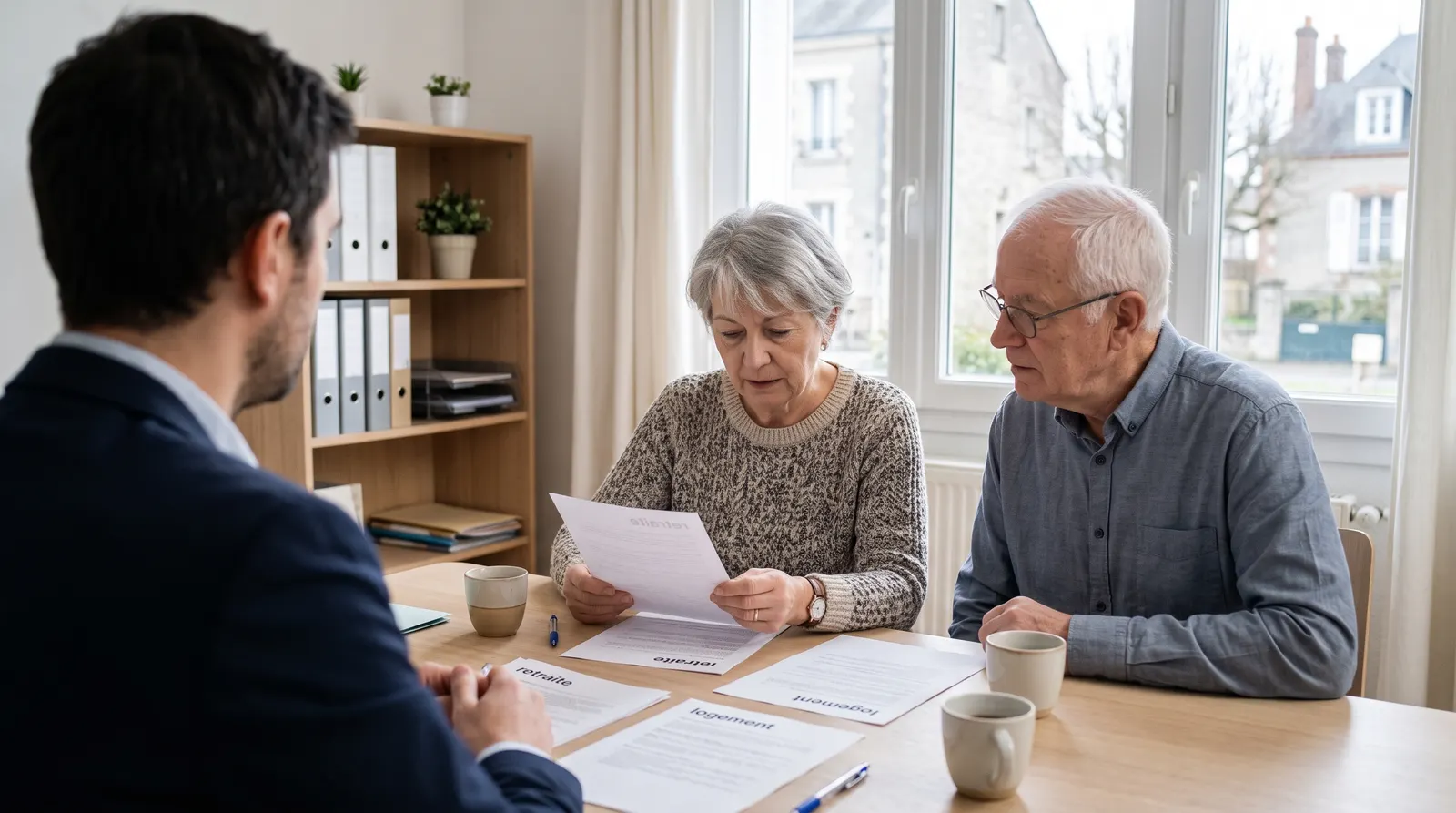 Un couple de retraités consulte des documents avec un conseiller