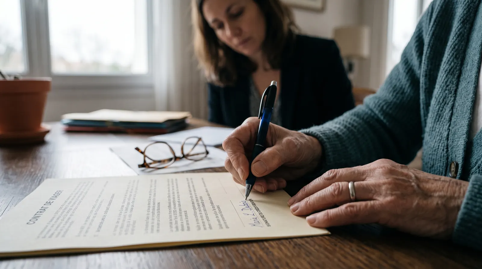 Une retraitée signe un document, ses lunettes posées à côté