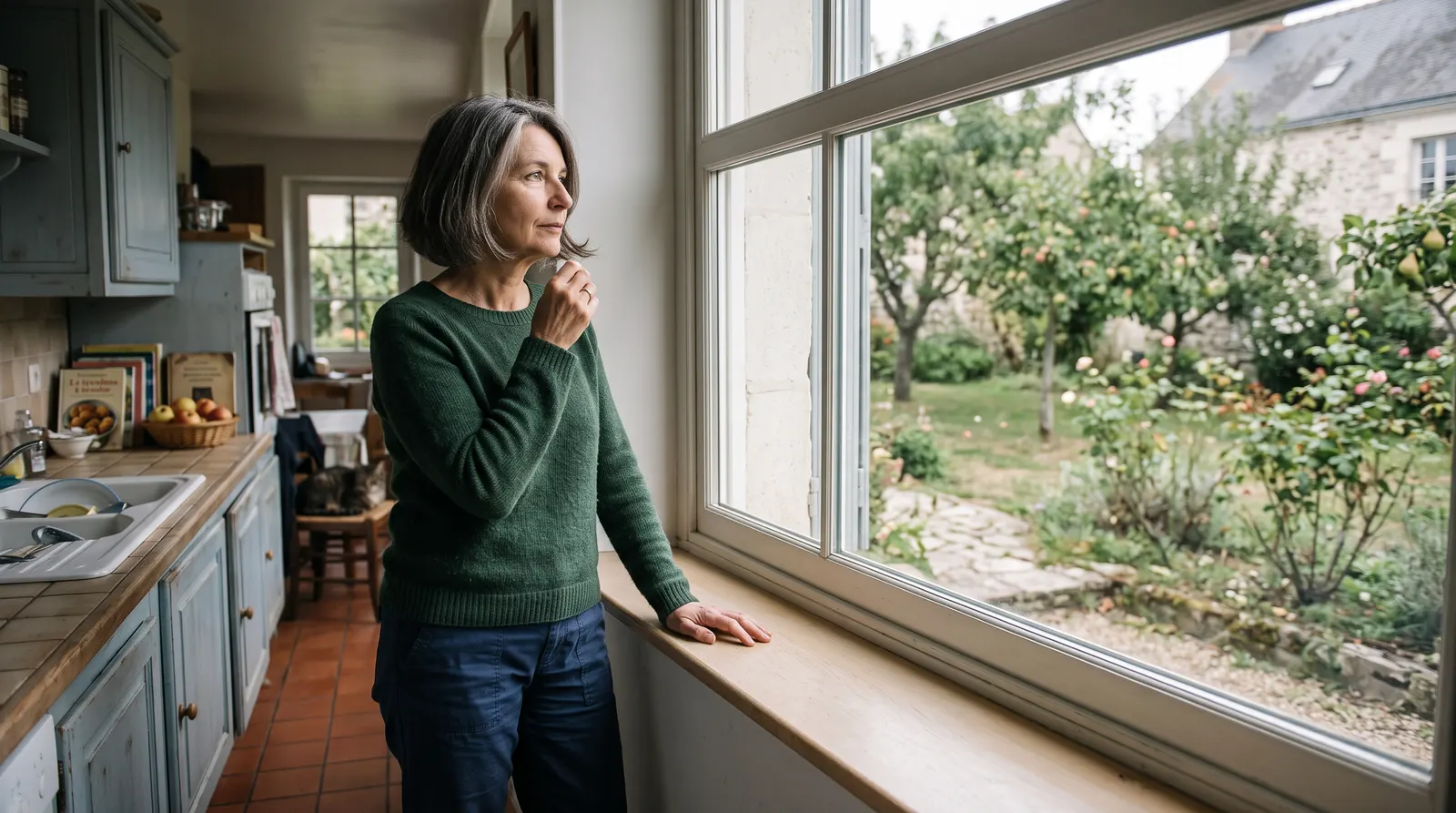 Une femme de 60 ans dans la cuisine lumineuse de sa maison