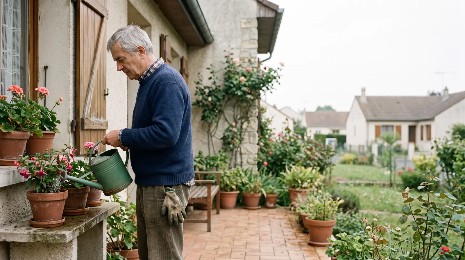 Un homme de 65 ans sur la terrasse de son pavillon