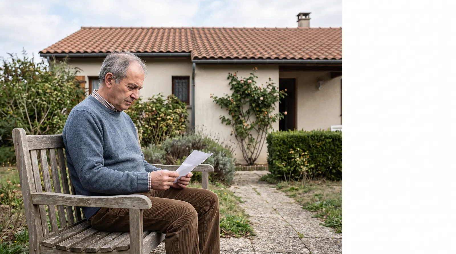 Un retraité lit un courrier devant sa maison