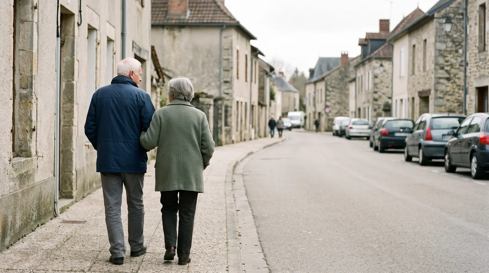 Un couple de retraités marche dans une rue calme