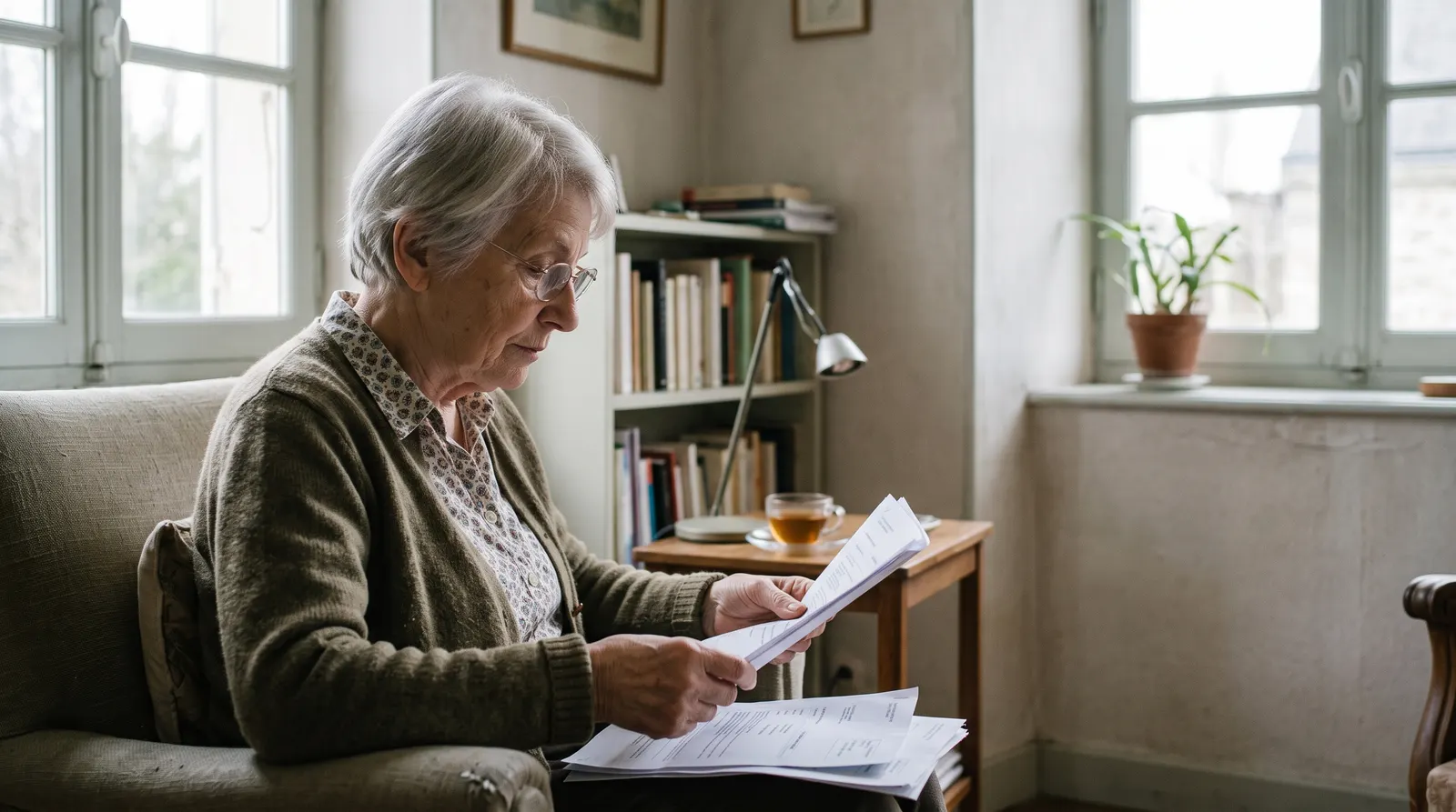 Une femme de 80 ans lit des documents près d'une fenêtre