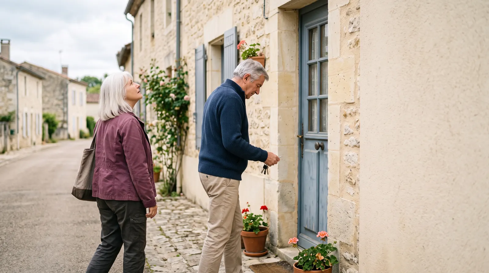 Un couple de retraités devant la porte de sa maison en pierre